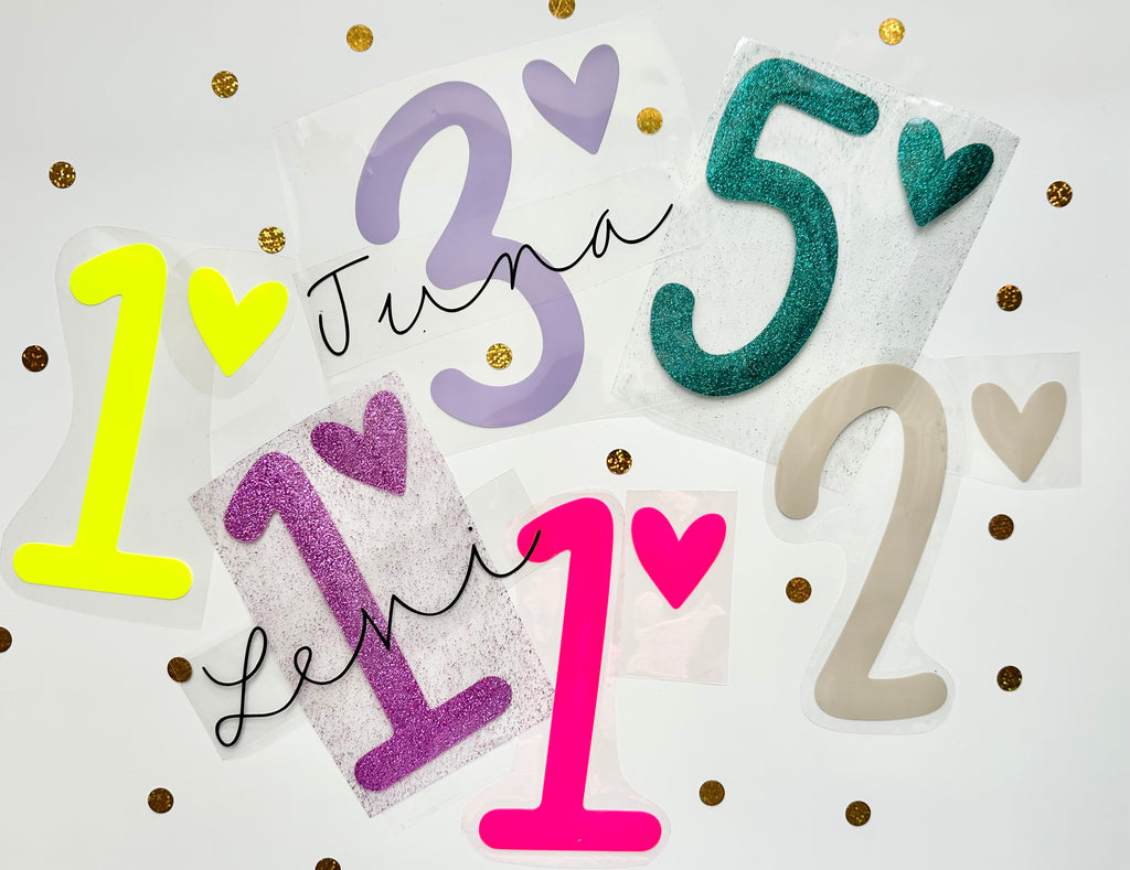 Bügelbild Kindergeburtstag - Zahl, Herz + Name | personalisiert
