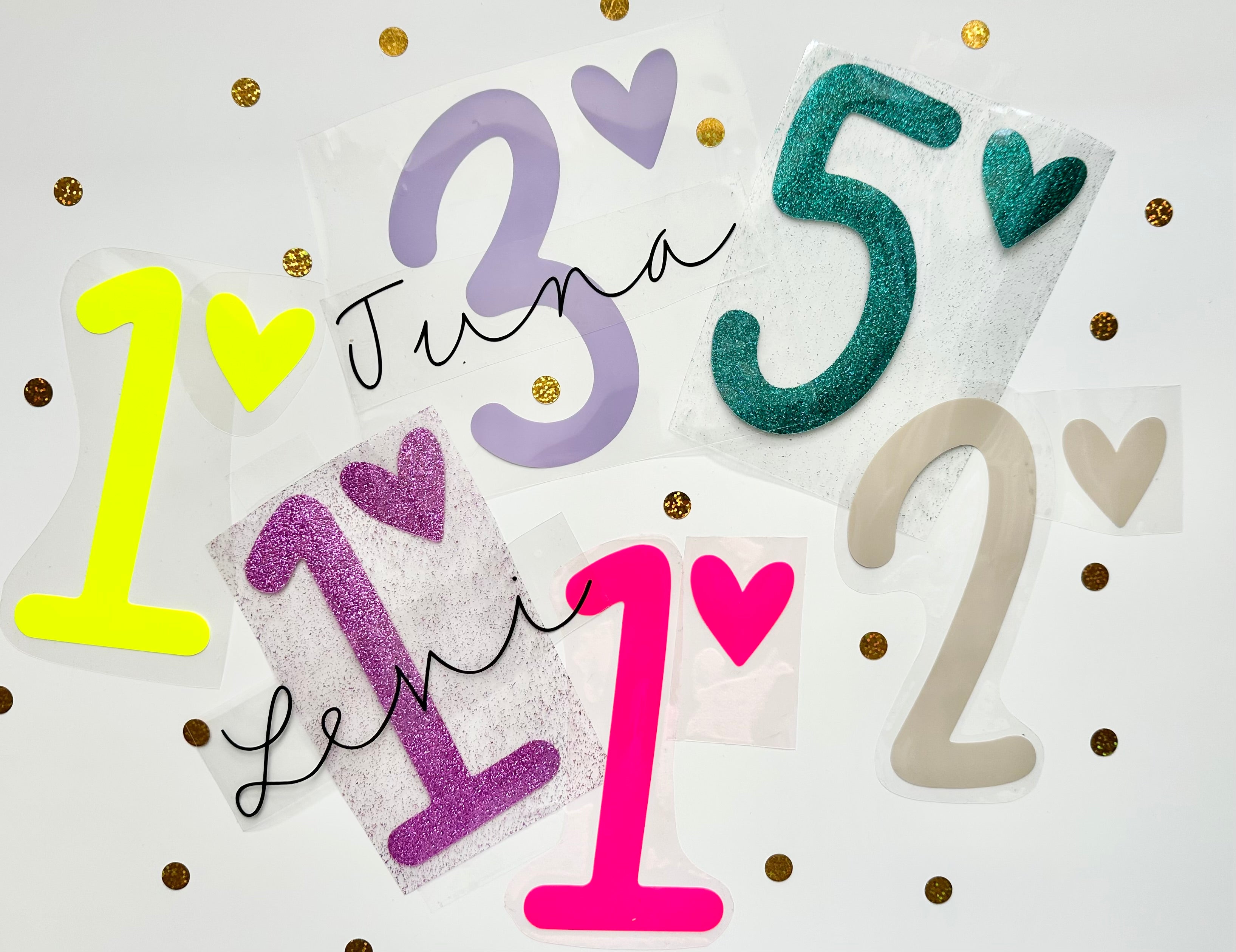 Bügelbild Kindergeburtstag - Zahl, Herz + Name | personalisiert