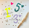 Bügelbild Kindergeburtstag - Zahl, Herz + Name | personalisiert