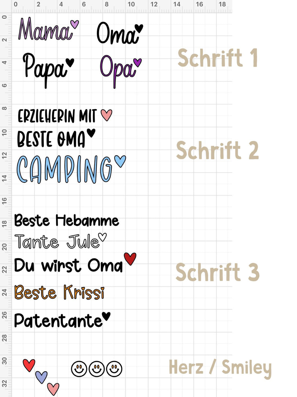 Eine Rasteransicht mit deutschen Wörtern und Sätzen in verschiedenen Schriftarten, darunter "Mama", "Oma", "Papa" und "Opa", jeweils mit einem Herzsymbol. Weitere Texte sind "Camping" und "Beste Oma". Auch Herzen und Smileys sind zu sehen.