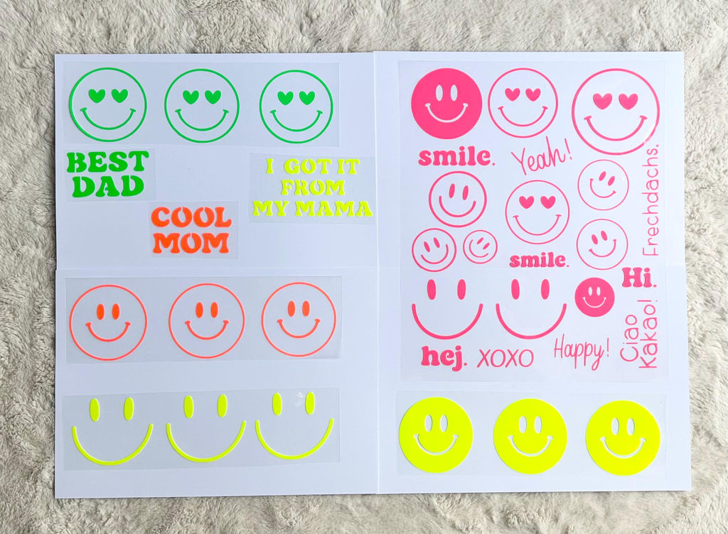 Bügelbilder SMILEY Neonfarben | Bügelbild | Bügelbilder Set | Wunschtext zum aufbügeln | verschiedene Farben | Smiley zum aufbügeln