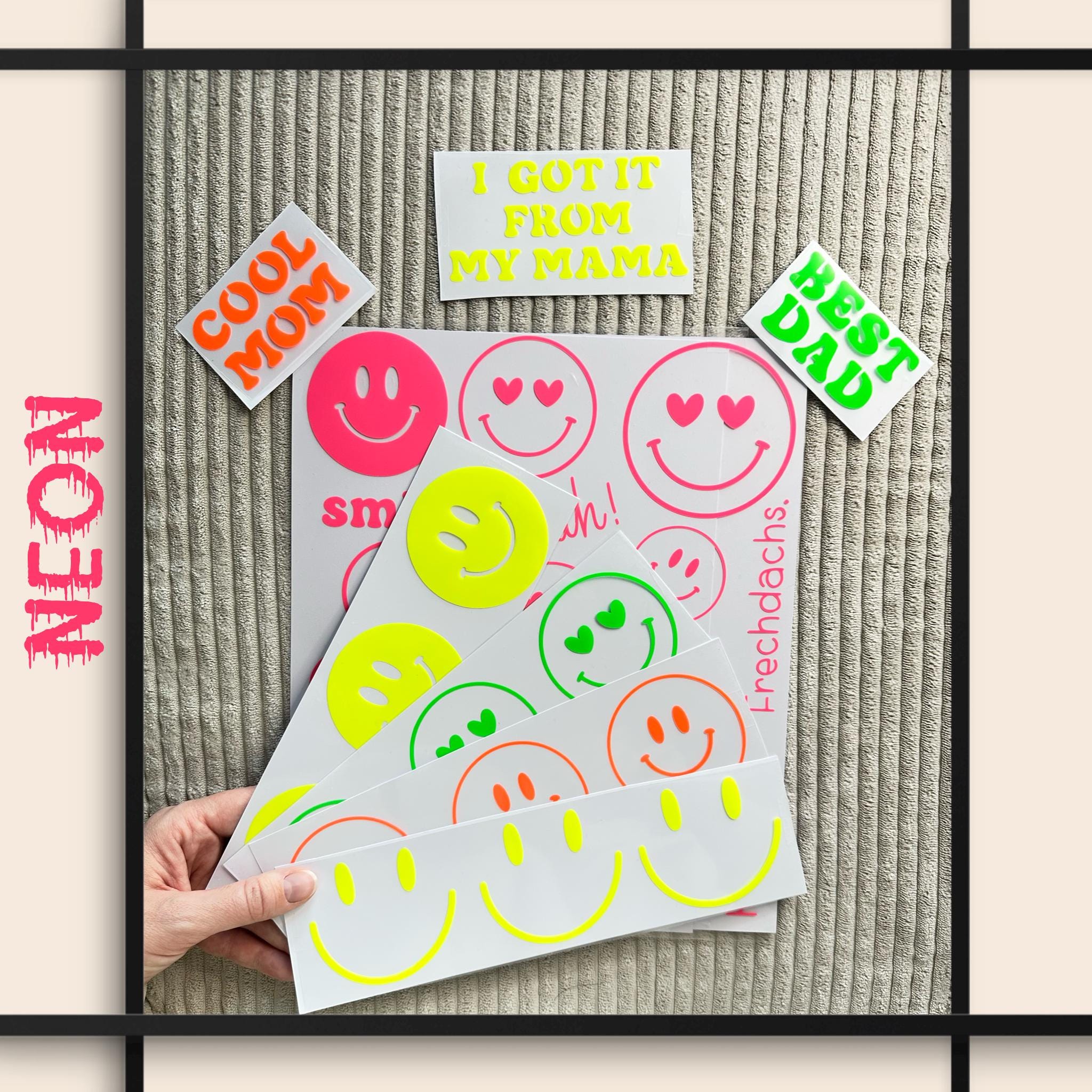 Bügelbilder SMILEY Neonfarben | Bügelbild | Bügelbilder Set | Wunschtext zum aufbügeln | verschiedene Farben | Smiley zum aufbügeln