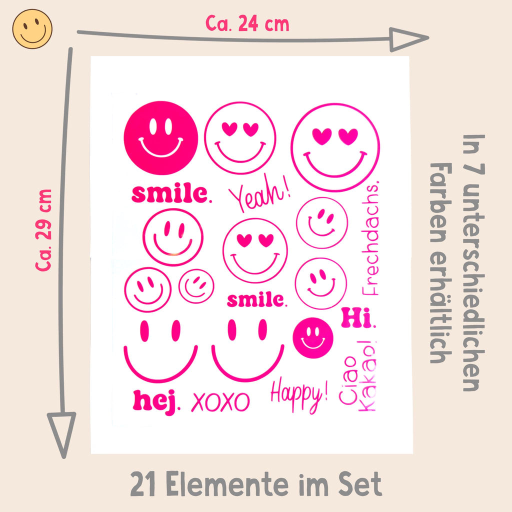 Bügelbilder Smiley | Bügelbild | Bügelbilder Set | Frechdachs | Neonfarben 21 Motive | zum aufbügeln | smile | hej | Patches | ciao Kakao