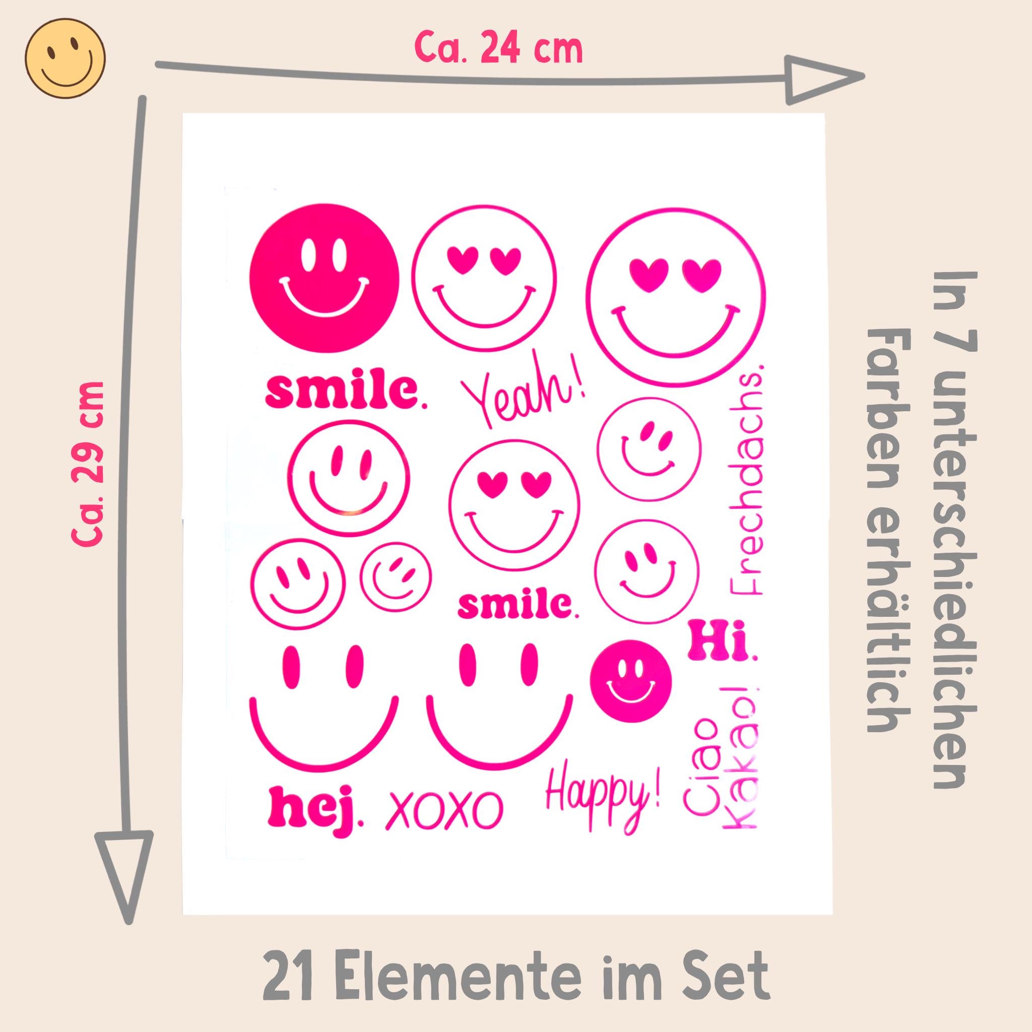 Bügelbilder Smiley | Bügelbild | Bügelbilder Set | Frechdachs | Neonfarben 21 Motive | zum aufbügeln | smile | hej | Patches | ciao Kakao