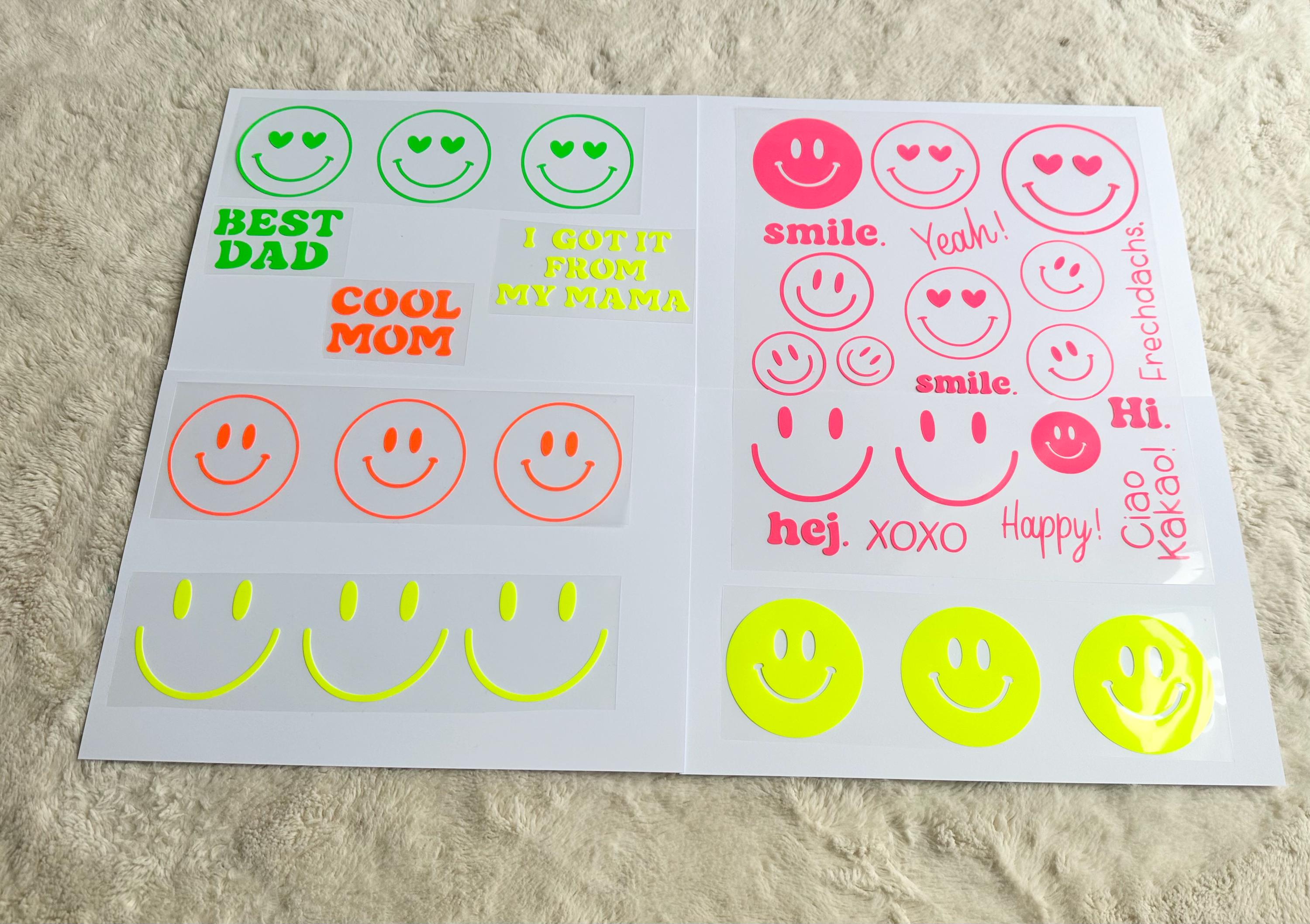 Bügelbilder SMILEY Neonfarben | Bügelbild | Bügelbilder Set | Wunschtext zum aufbügeln | verschiedene Farben | Smiley zum aufbügeln