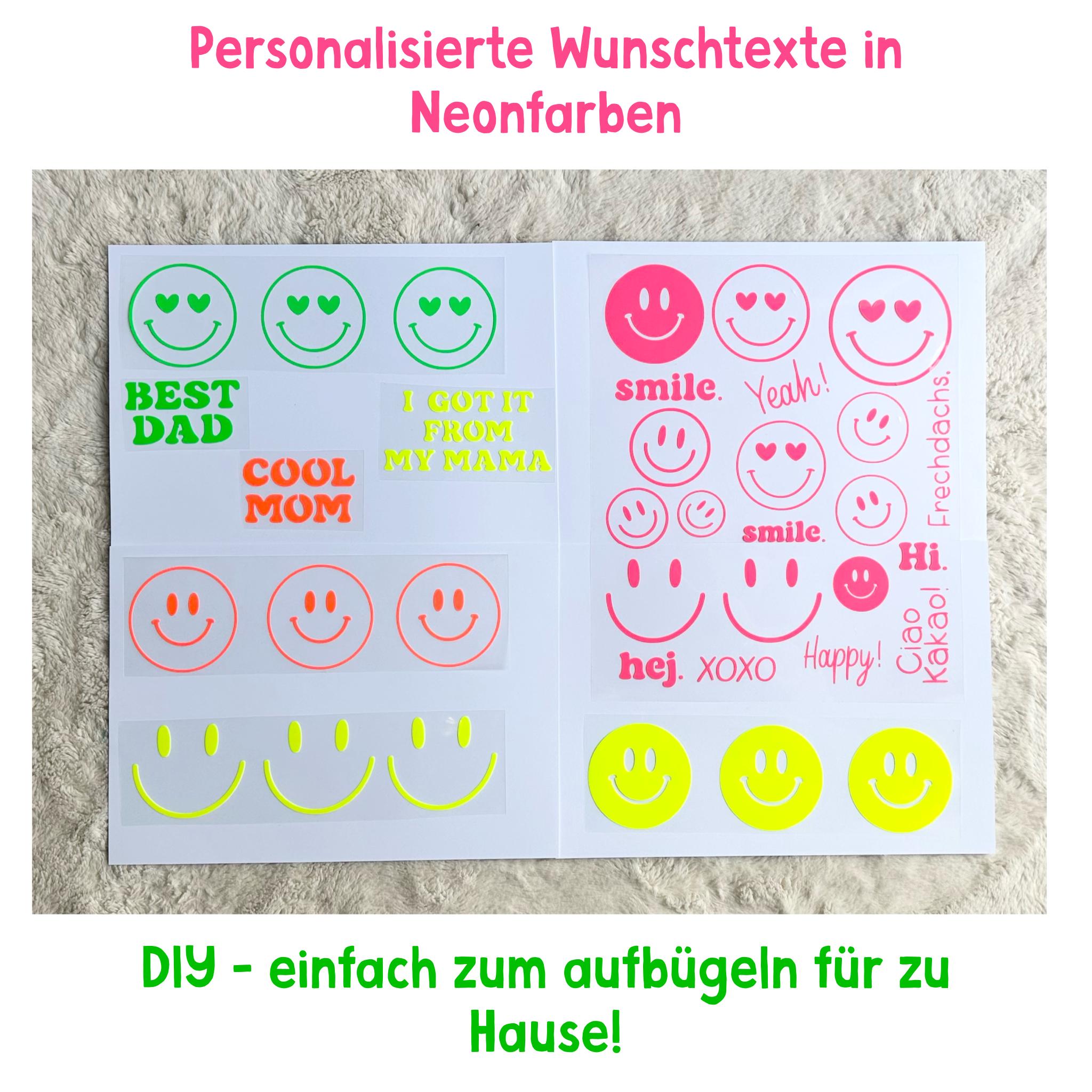 Bügelbilder SMILEY Neonfarben | Bügelbild | Bügelbilder Set | Wunschtext zum aufbügeln | verschiedene Farben | Smiley zum aufbügeln