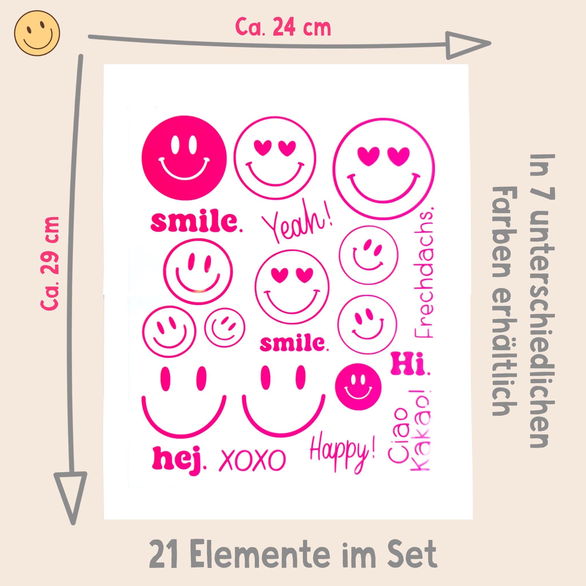 Bügelbilder SMILEY Neonfarben | Bügelbild | Bügelbilder Set | Wunschtext zum aufbügeln | verschiedene Farben | Smiley zum aufbügeln