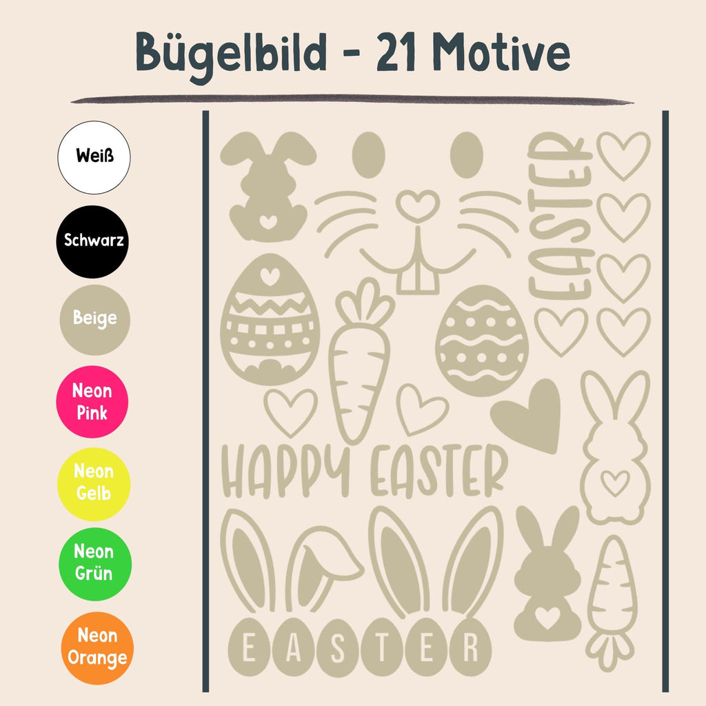 Bügelbild | Ostern | 21 Motive | Osterhase | Osterei | Happy Easter | Neon | Beige | zum aufbügeln | Bügelbilder Set