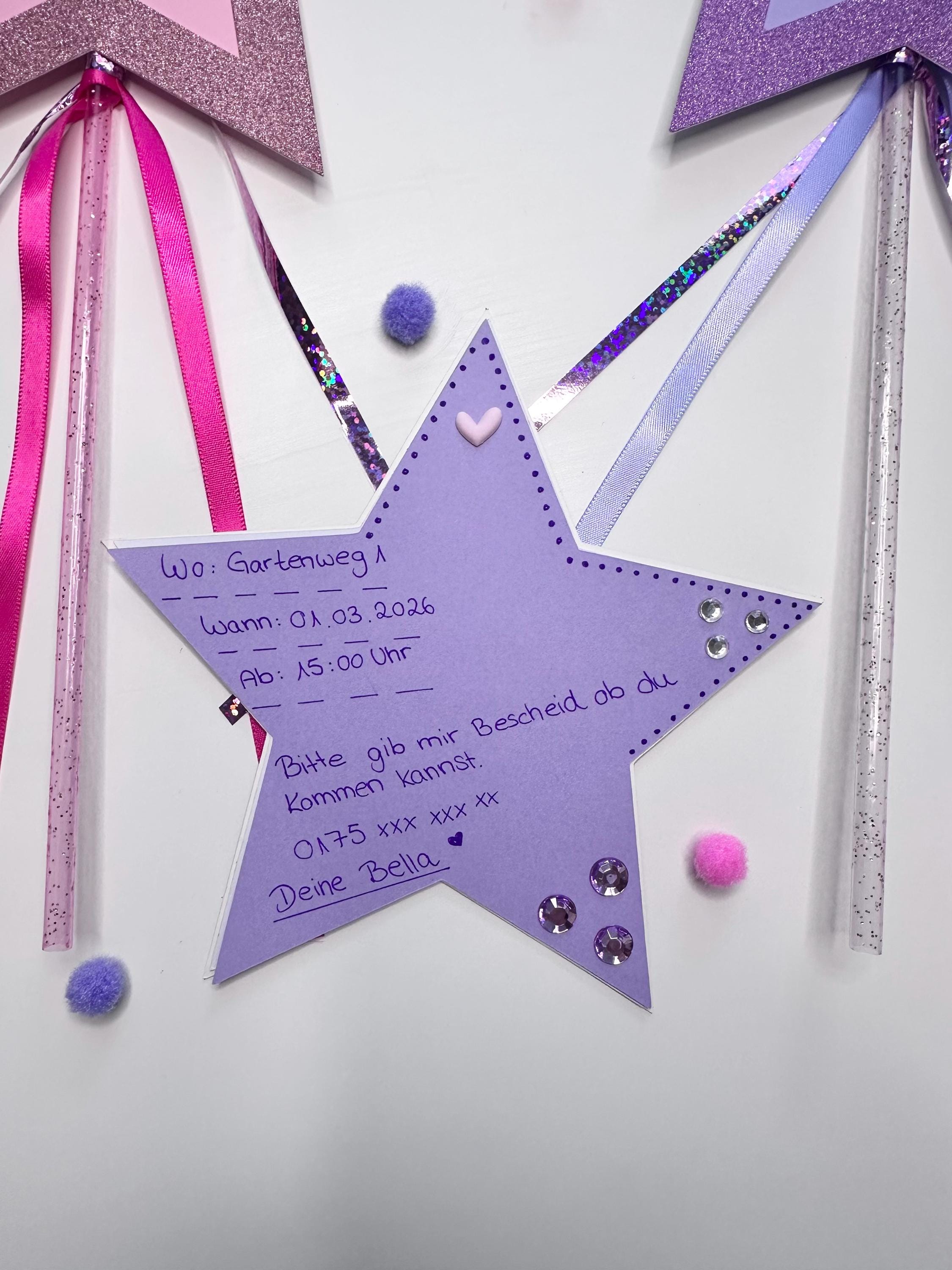 Einladungskarten | Zauberstab | Stern Einladungskarte | Glitzer Einladung | Kindergeburtstag | Prinzessin | Handgemachte Einladungskarten