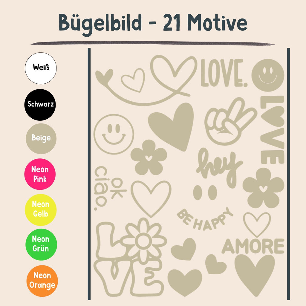 Bügelbild | Bügelbilder Set | Love | 21 Motive | Liebe | Piece | Smiley | Blumen | Flowerpower | Valentinstag