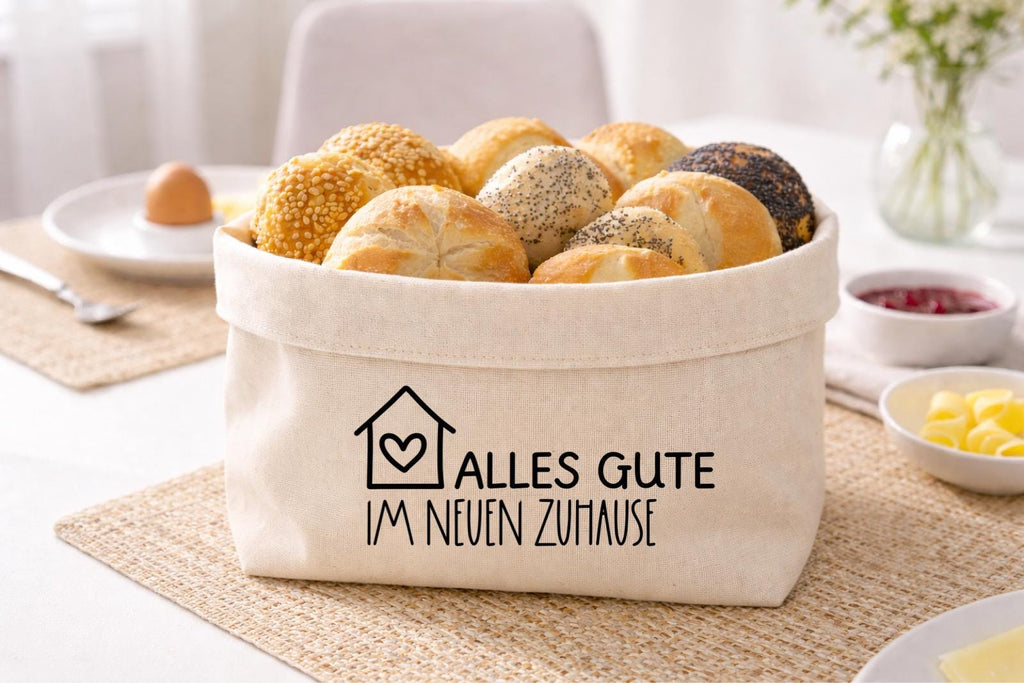 Geschenk zum Einzug | Brotkorb | Alles Gute im neuen Zuhause | Brot & Salz | Personalisierbar | Stoffkorb | Baumwolle | Einweihungsgeschenk