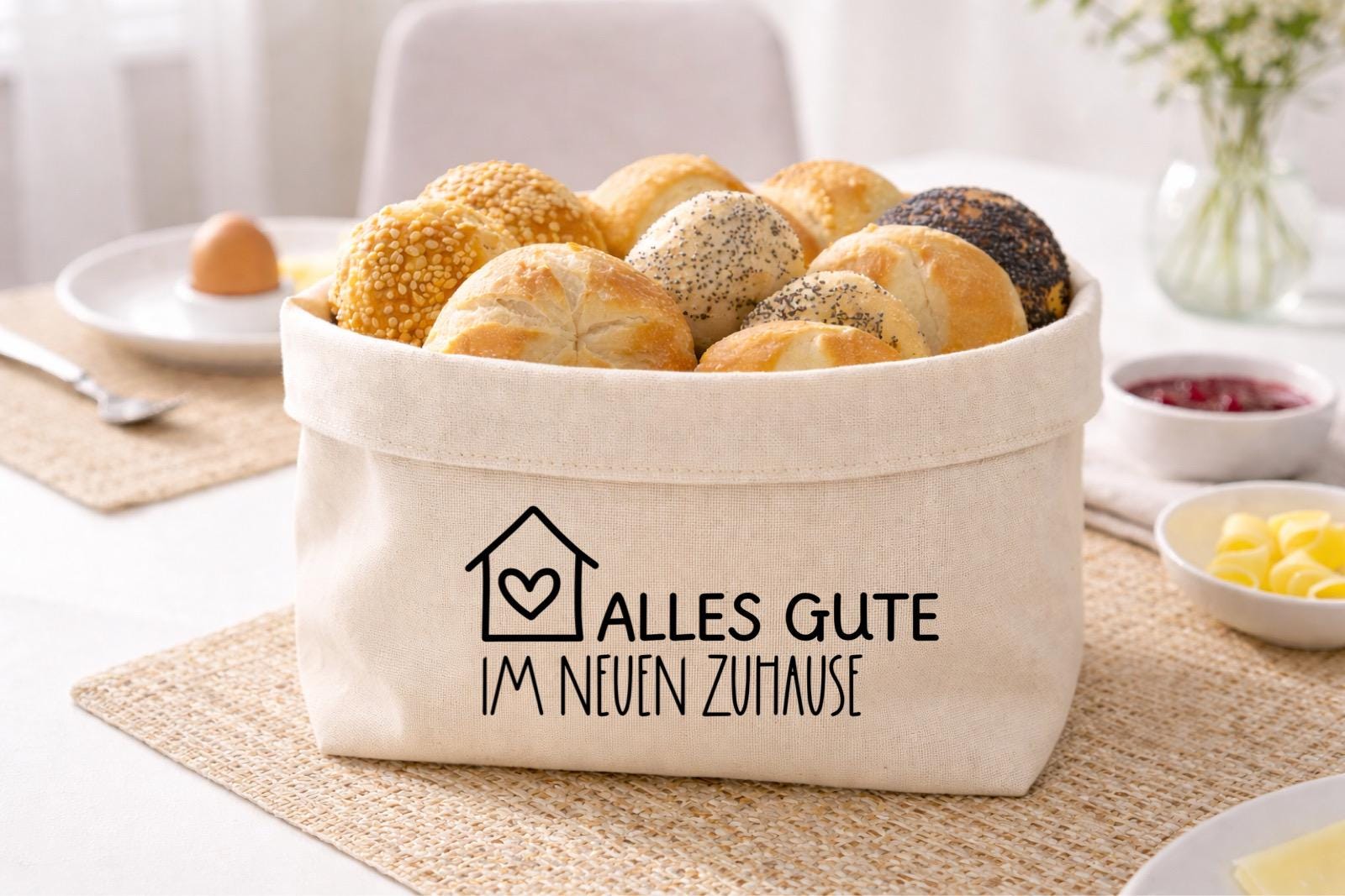 Geschenk zum Einzug | Brotkorb | Alles Gute im neuen Zuhause | Brot & Salz | Personalisierbar | Stoffkorb | Baumwolle | Einweihungsgeschenk