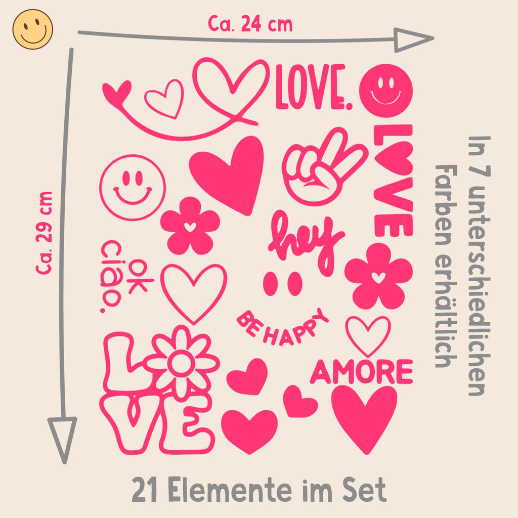 Bügelbild | Bügelbilder Set | Love | 21 Motive | Liebe | Piece | Smiley | Blumen | Flowerpower | Valentinstag