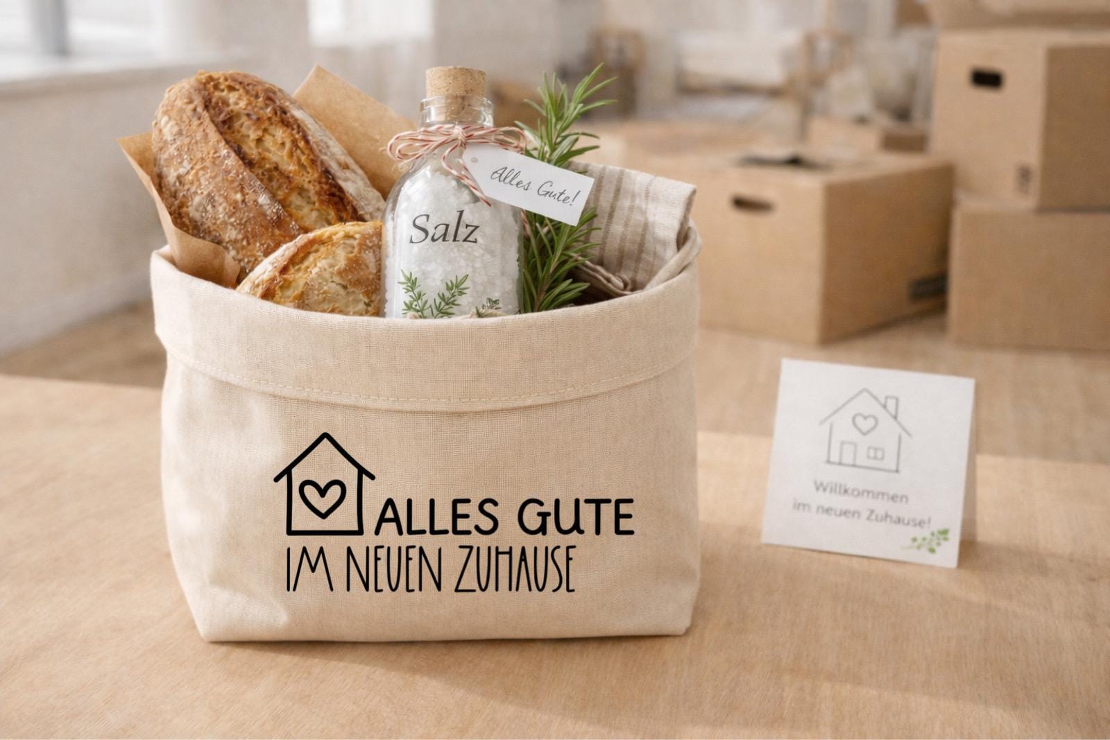 Geschenk zum Einzug | Brotkorb | Alles Gute im neuen Zuhause | Brot & Salz | Personalisierbar | Stoffkorb | Baumwolle | Einweihungsgeschenk