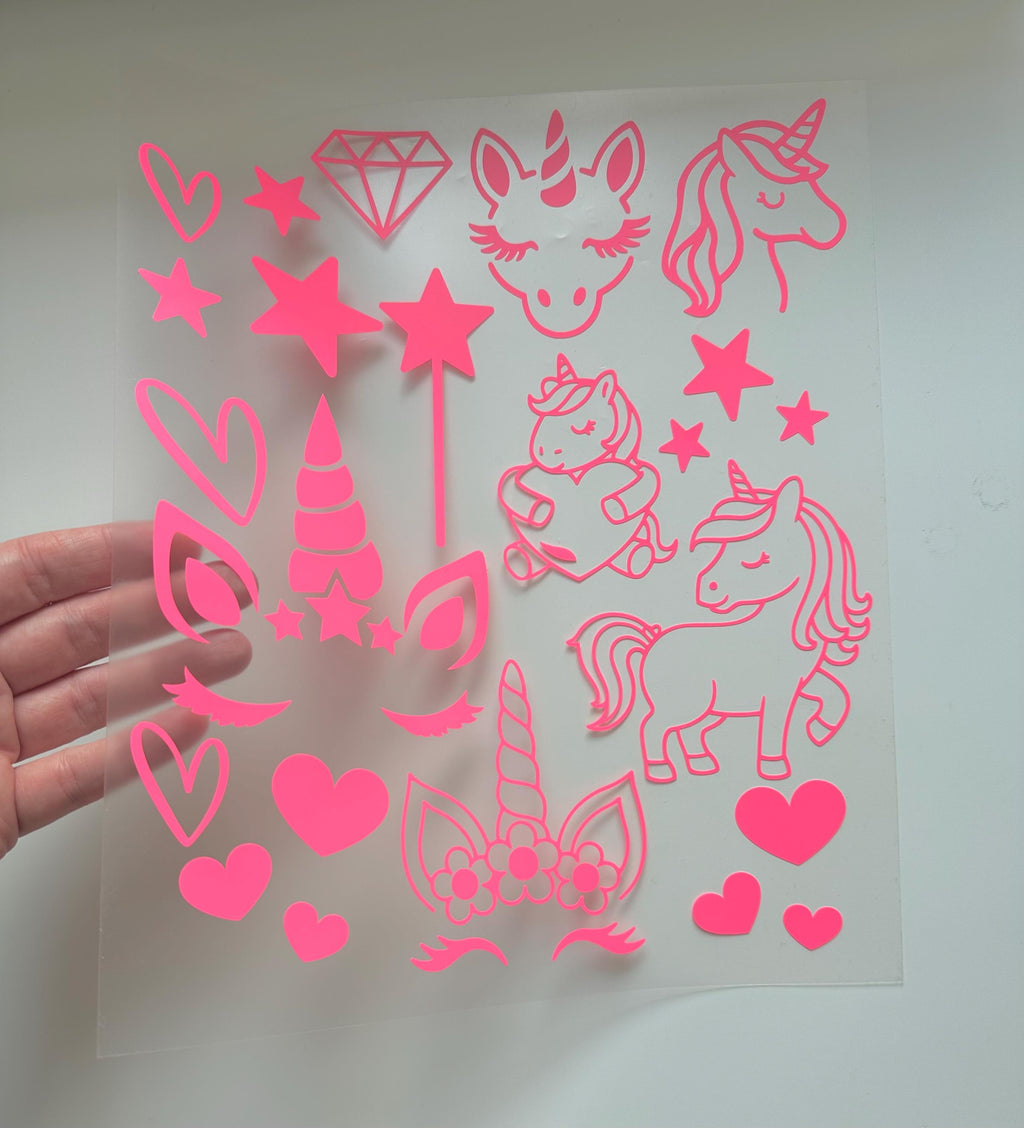 Bügelbilder Einhörner Set | Einhorn | Neonfarben | Einhorn Bügelbild | Zauberstab | Kindergeburtstag | Namen zum aufbügeln | Herzen