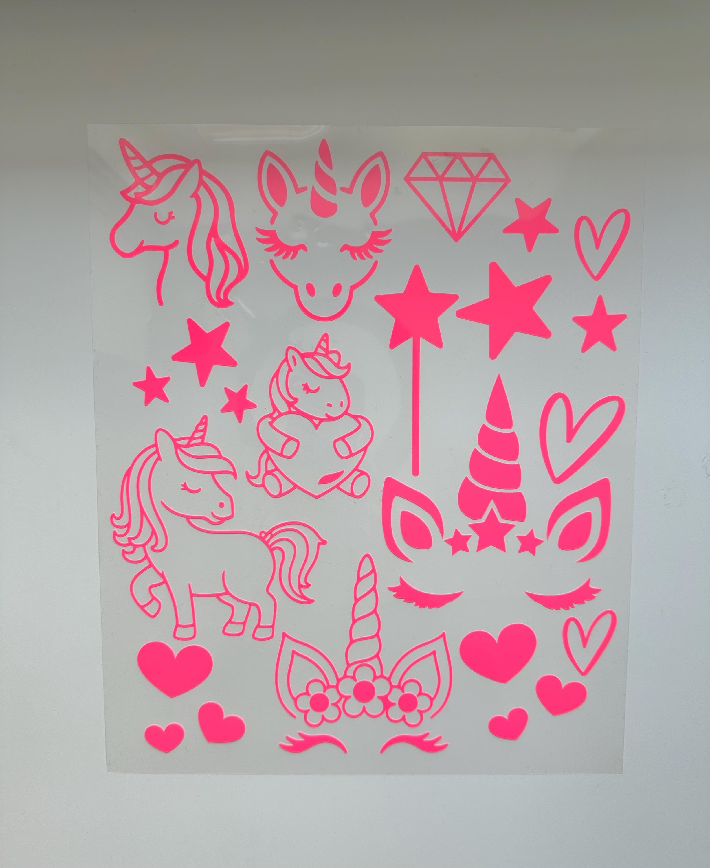 Bügelbilder Einhörner Set | Einhorn | Neonfarben | Einhorn Bügelbild | Zauberstab | Kindergeburtstag | Namen zum aufbügeln | Herzen