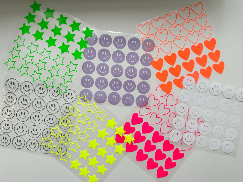 Bügelbilder Mini Smiley | Sterne | Herzen | Bügelbilder Set | Neonfarben | zum aufbügeln | Bügelbild | Bügel Patch | Bogen | bunt