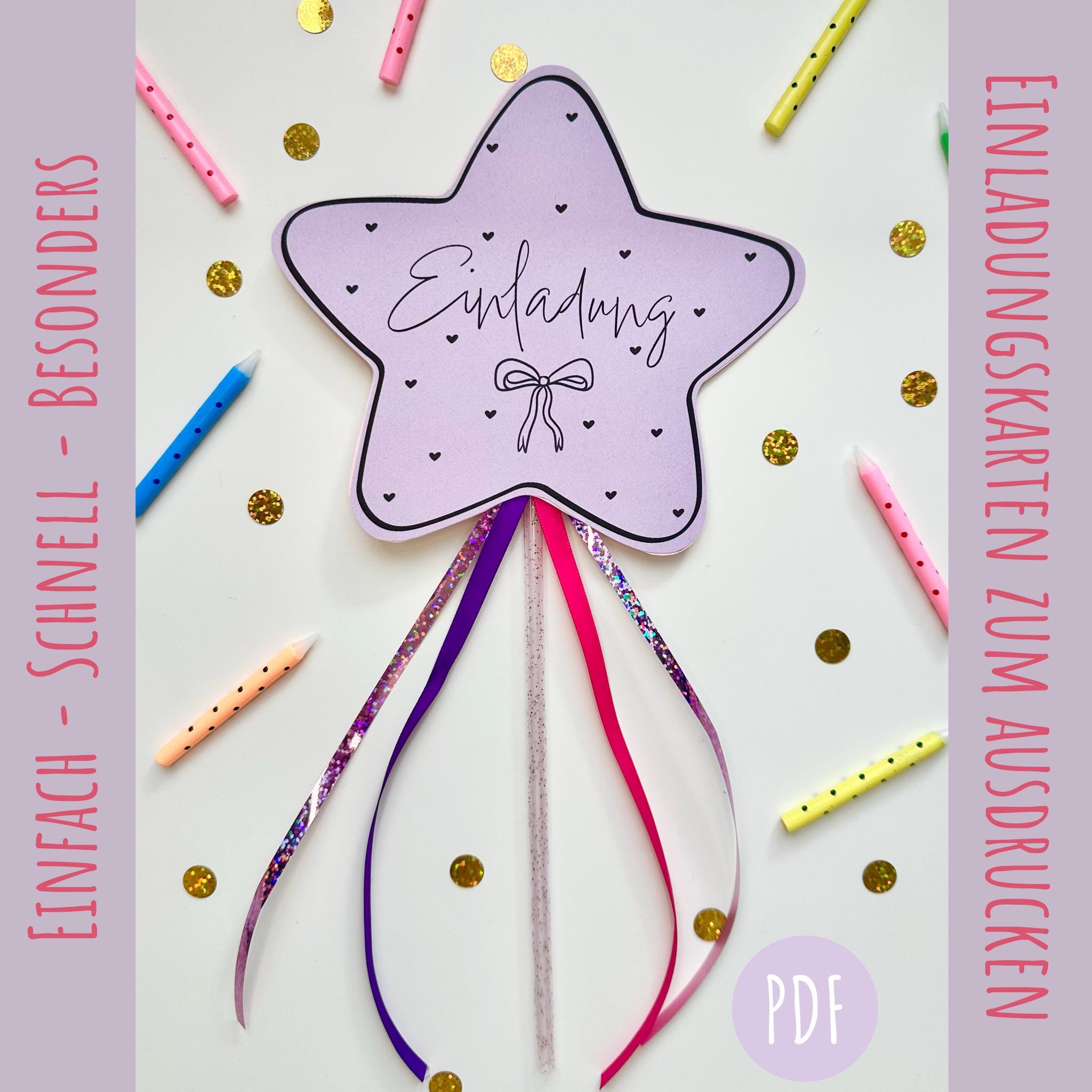 Einladung Kindergeburtstag Mädchen Stern Zauberstab – DIY Bastelvorlage zum Ausdrucken | Einladungskarte PDF