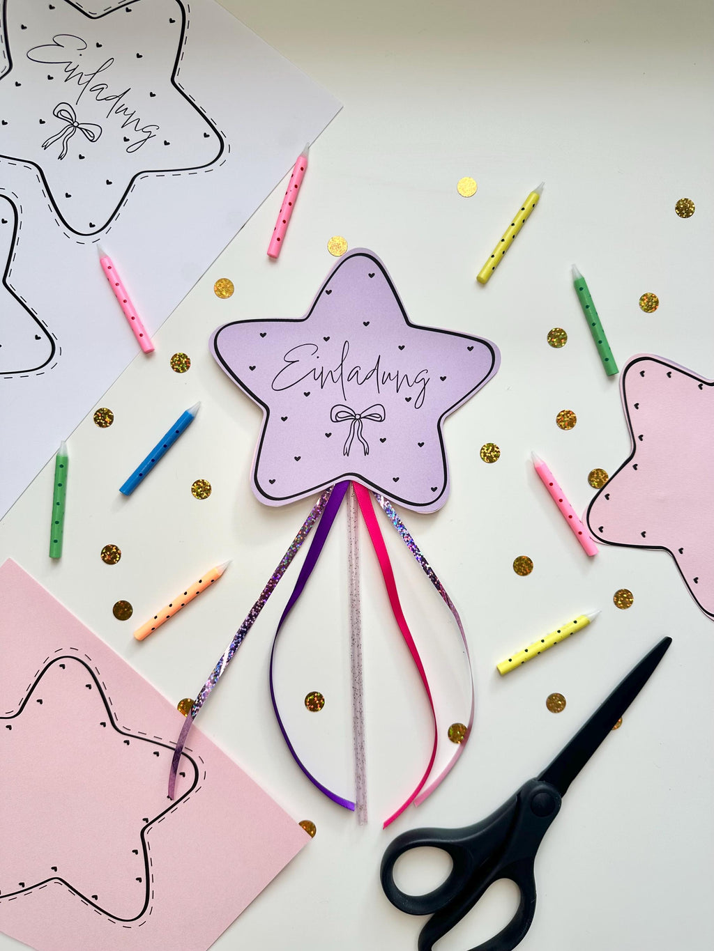 Einladung Kindergeburtstag Mädchen Stern Zauberstab – DIY Bastelvorlage zum Ausdrucken | Einladungskarte PDF