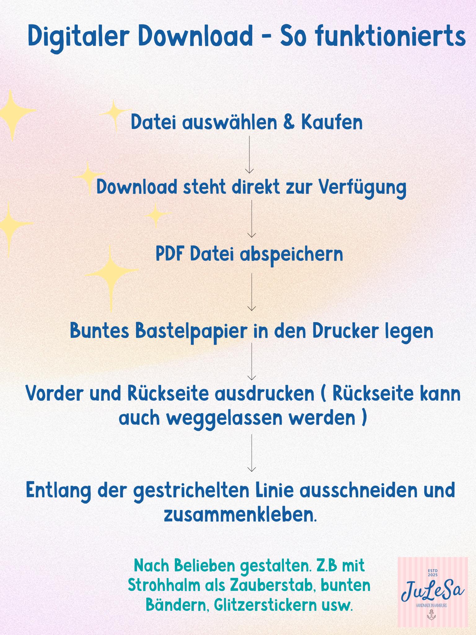 Einladung Kindergeburtstag Mädchen Stern Zauberstab – DIY Bastelvorlage zum Ausdrucken | Einladungskarte PDF