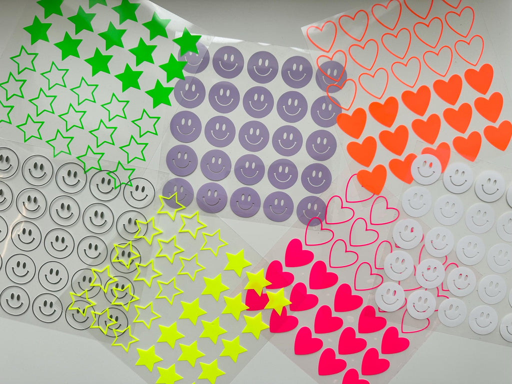Bügelbilder Mini Smiley | Sterne | Herzen | Bügelbilder Set | Neonfarben | zum aufbügeln | Bügelbild | Bügel Patch | Bogen | bunt