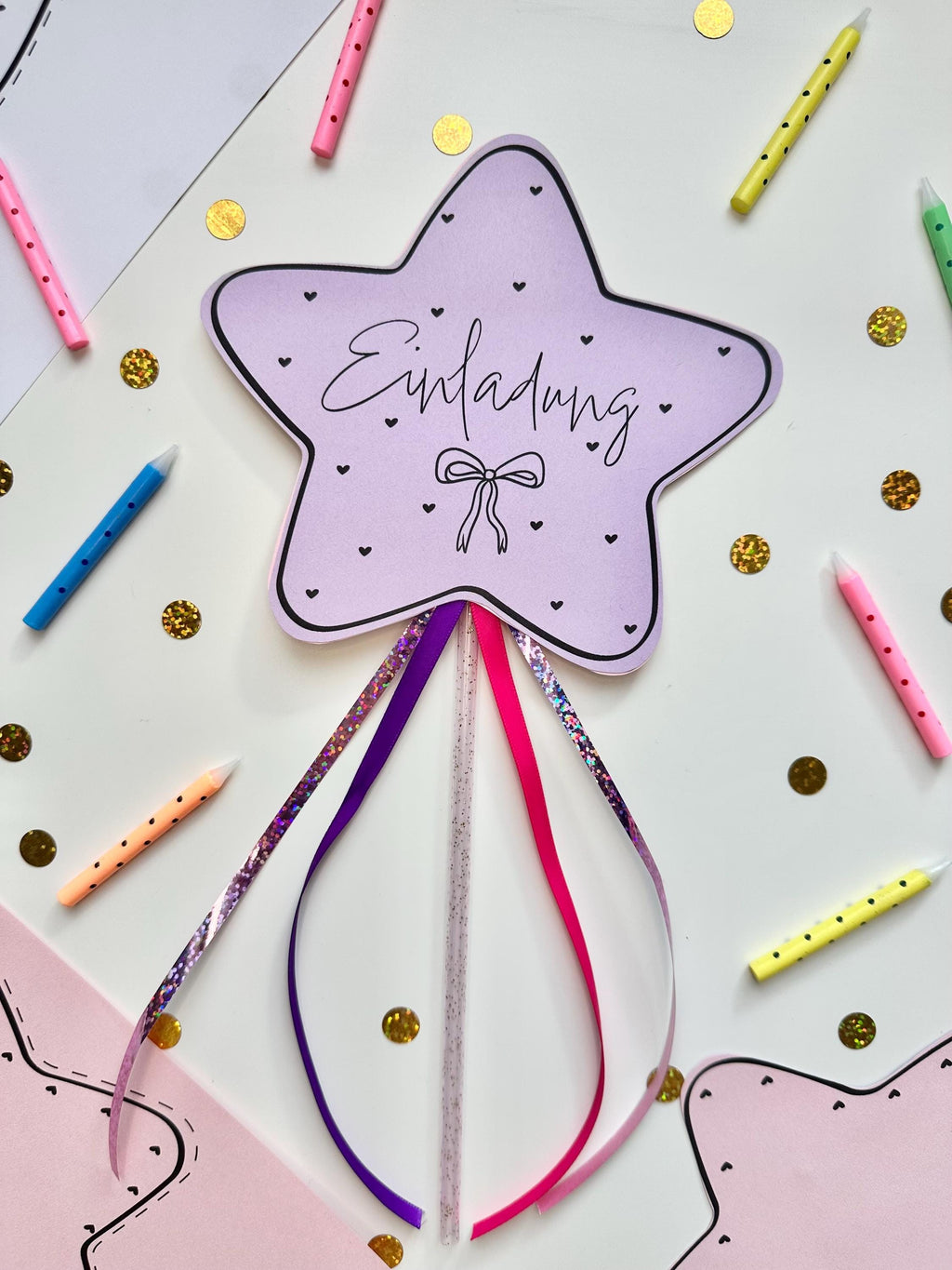Einladung Kindergeburtstag Mädchen Stern Zauberstab – DIY Bastelvorlage zum Ausdrucken | Einladungskarte PDF