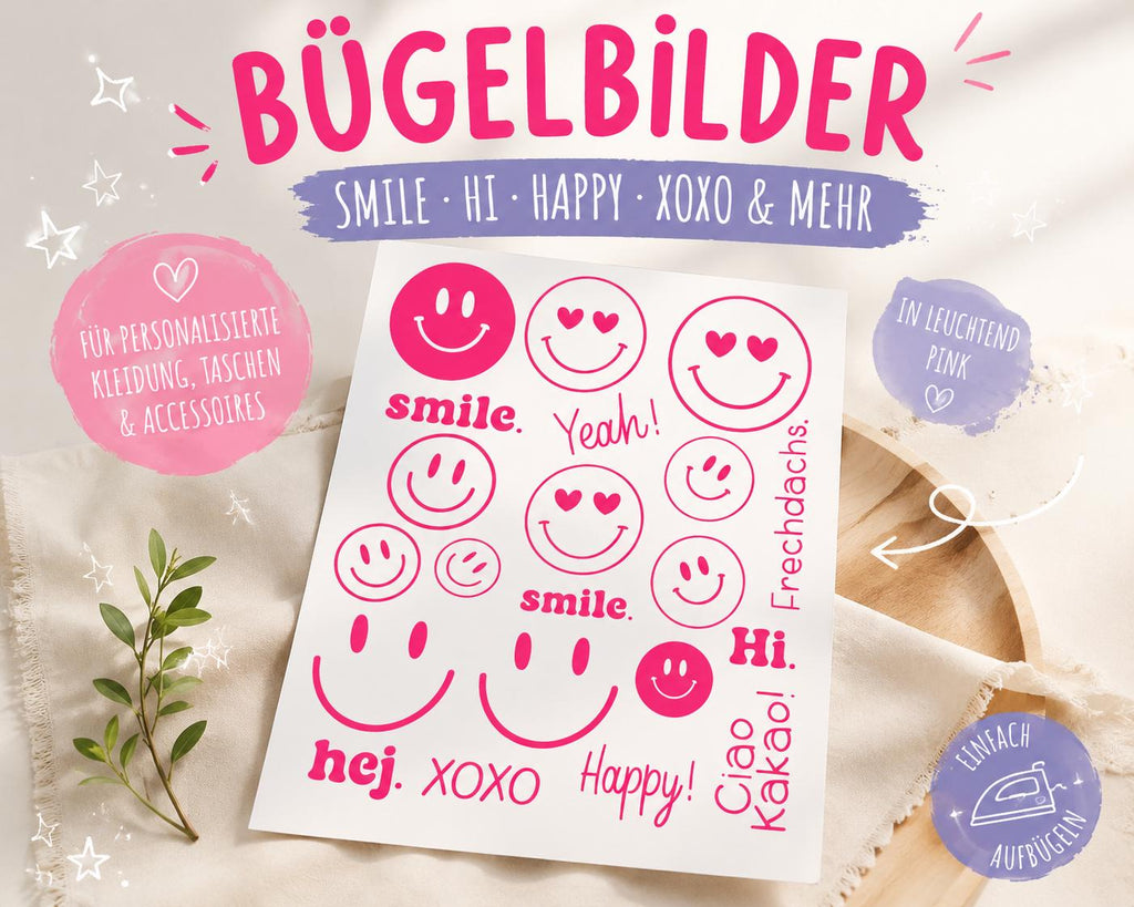 Bügelbilder Smiley | Bügelbild | Bügelbilder Set | Frechdachs | Neonfarben 21 Motive | zum aufbügeln | smile | hej | Patches | ciao Kakao