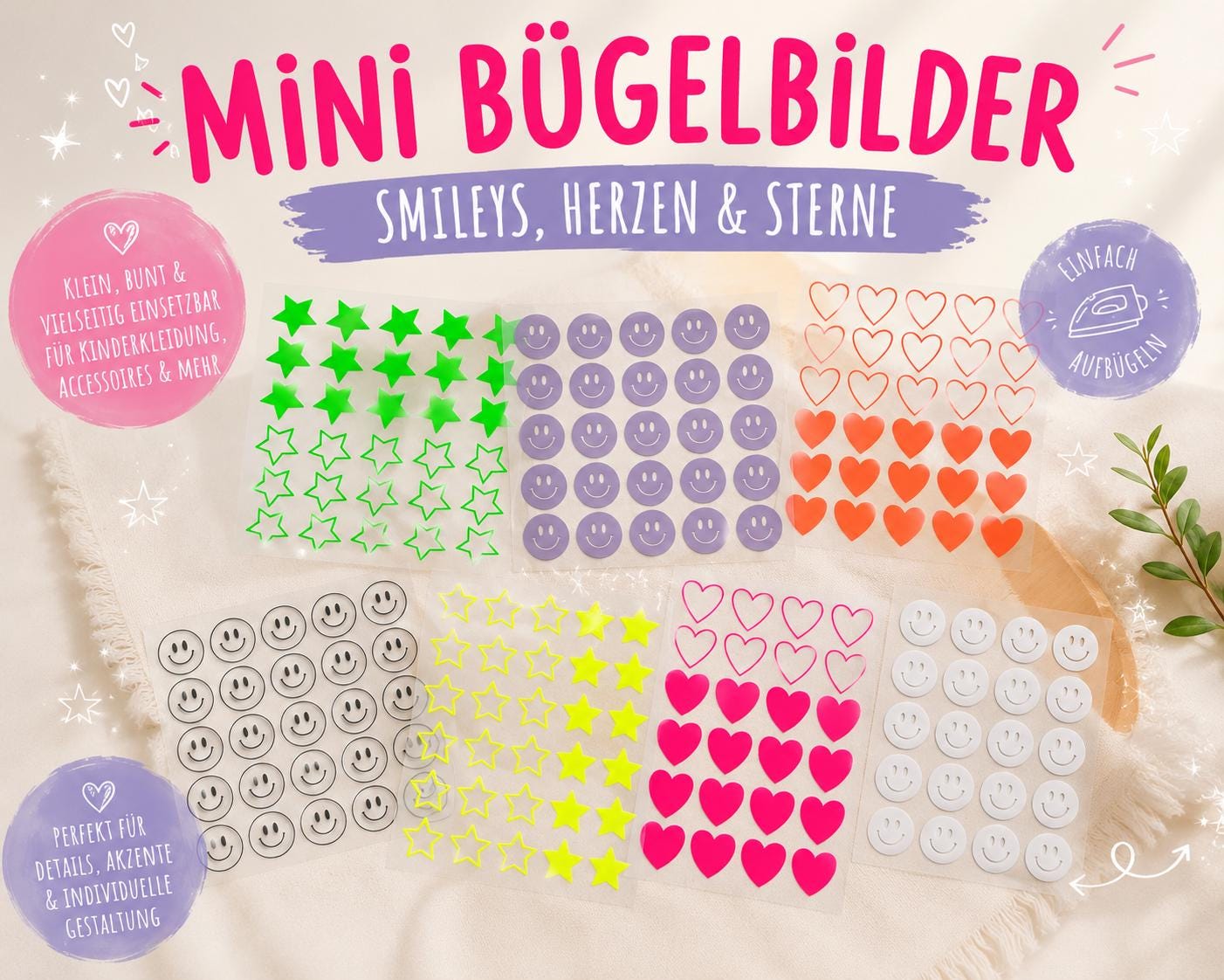 Bügelbilder Mini Smiley | Sterne | Herzen | Bügelbilder Set | Neonfarben | zum aufbügeln | Bügelbild | Bügel Patch | Bogen | bunt