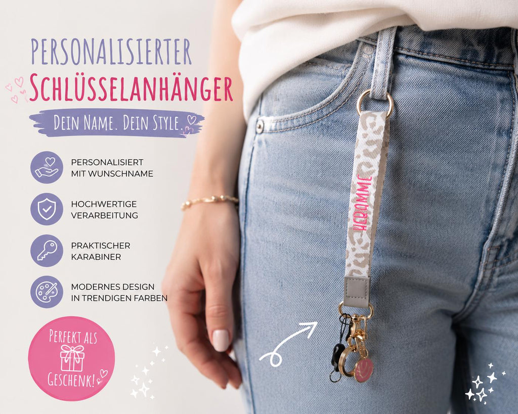 Schlüsselanhänger Leo weiß beige | personalisiert | Leo Print | Geschenk Hebamme, Erzieher, Abschied, Geburtstag | Geschenkidee | Muttertag