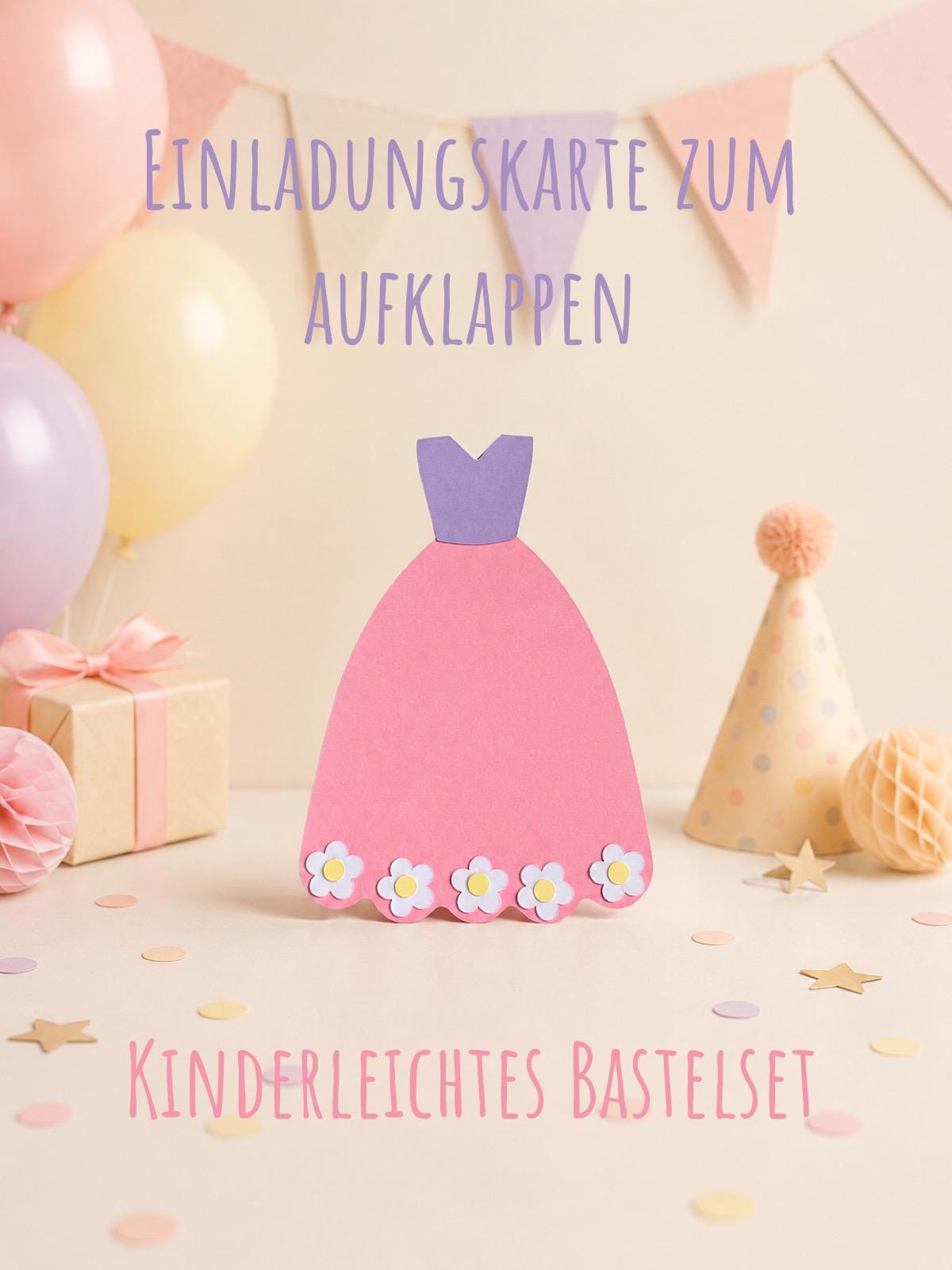 Prinzessin Einladung Kindergeburtstag | DIY Bastelset | Prinzessinnen Party | Einladung Mädchen | Prinzessin Deko | Kleid Einladungskarte